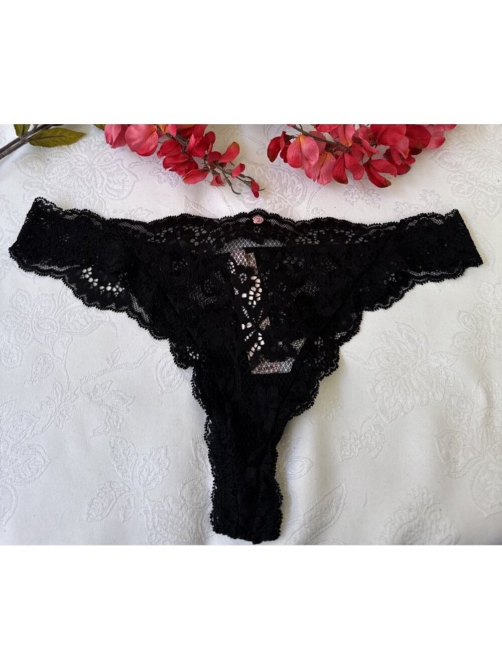 VICTORIA'S SECRET L BLACK DREAM ANGELS LACE PINK BOW WIDE SIDE THONG PANTIES NWT